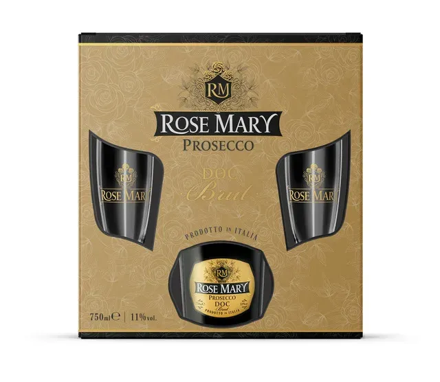 Prosecco alb brut Rose Mary, Glera si Pinot Noir, 0.75 l + 2 pahare