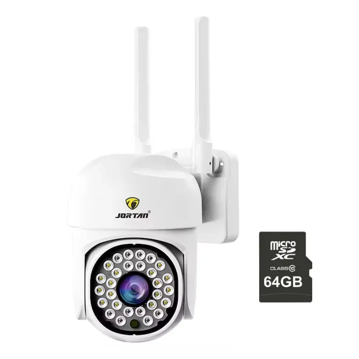 Camera de supraveghere WiFi 2MP, Full HD, JORTAN exterior sau interior, alarma, senzor de miscare, vedere de noapte, mesaje push, microfon, difuzor, aplicatie Yoosee, Alb + Card de memorie 64GB