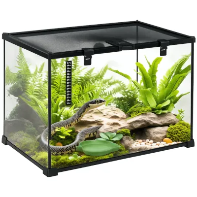 Terariu reptile ridicat PawHut cu incuietoare si usa de hranire, sticla securizata si plasa de sarma pentru testoase si serpi, 50x30x35 cm, negru