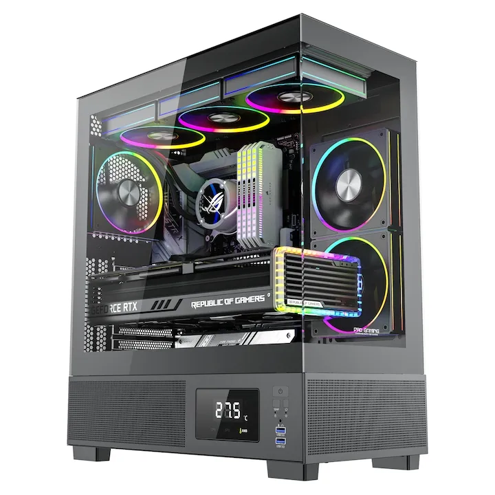 Calculator Gaming Kian Black Glacier i5-14600KF pana la 5.3GHz, 32GB, 1TB SSD, RTX5060 8GB GDDR7 cu racire pe lichid GlacierView 360 cu display 4", 6 ventilatoare ARGB incluse, Wi-Fi 6 si Windows 11 instalat