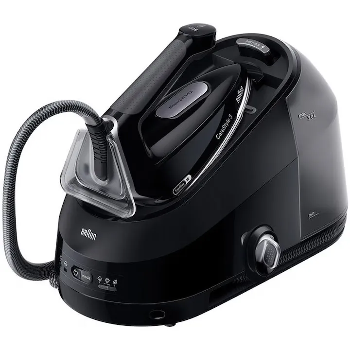 Statie de calcat Braun CareStyle 5 IS5249BK, 2400W, 7.5 bari, abur variabil 150g/min, jet de abur 510g/min, rezervor detasabil 2L, tehnologie iCare, tehnologie FreeGlide, talpa EloxalPlus, sistem decalcifiere Ultimate FastClean, oprire automata, negru