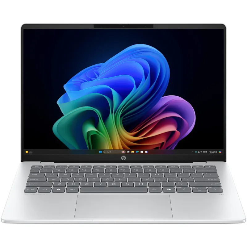 HP OmniBook 5 NG AI Quadro 25C2, cu procesor Snapdragon X X1-26-100 pana la 2.97 Ghz, 14" WUXGA OLED, 32 GB DDR5, 1TB SSD, Qualcomm® Adreno™ GPU, Windows 11 Home, Glacier Silver