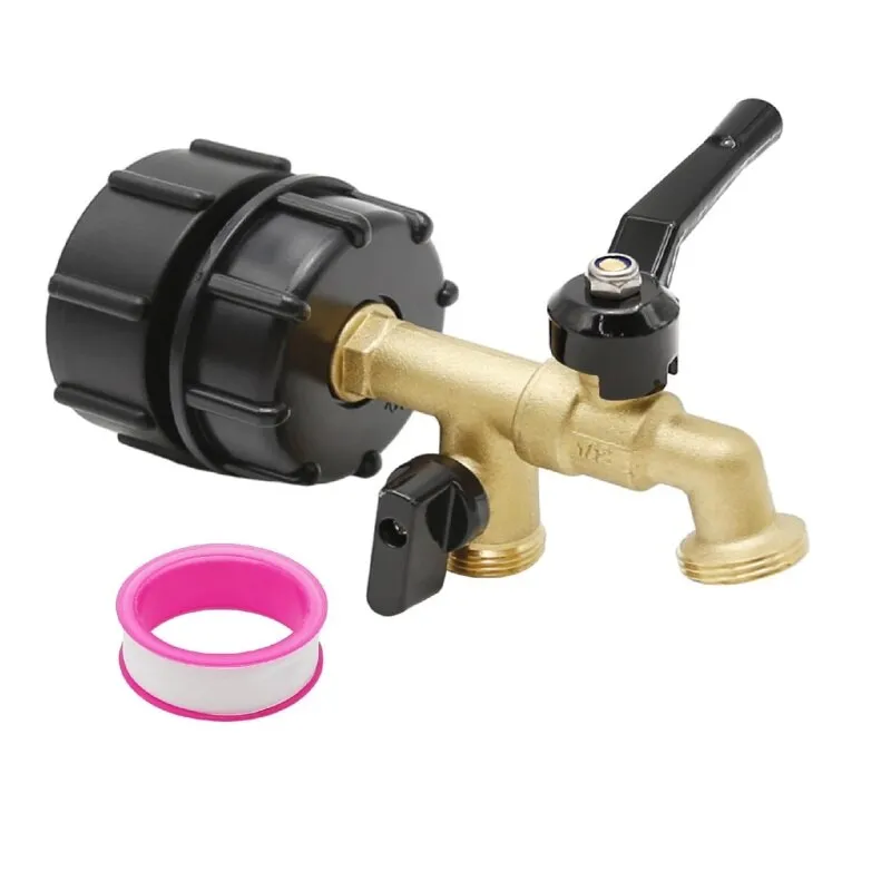 Adaptor IBC, adaptor de conectare rapida Dual Tap, robinet cu bila de alama 3/4”, AjieQaQ, rezervor 1000L, pentru furtun de gradina, filet grosier / fin universal, maner prelungit anti-alunecare, rezistent la acid si alcalin, alama, S60x6