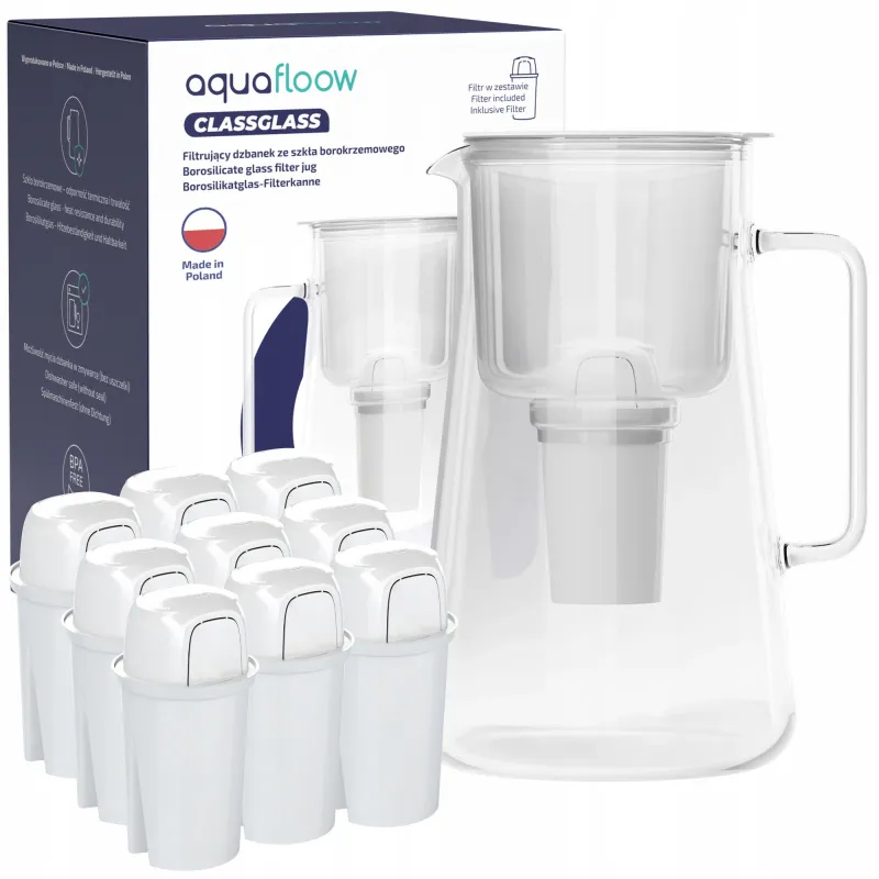 Cana filtranta de apa AquaFloow ClassGlass 3L, sticla borosilicata, BPA Free cu 10x filtru de apa AquaFloow Class, wit