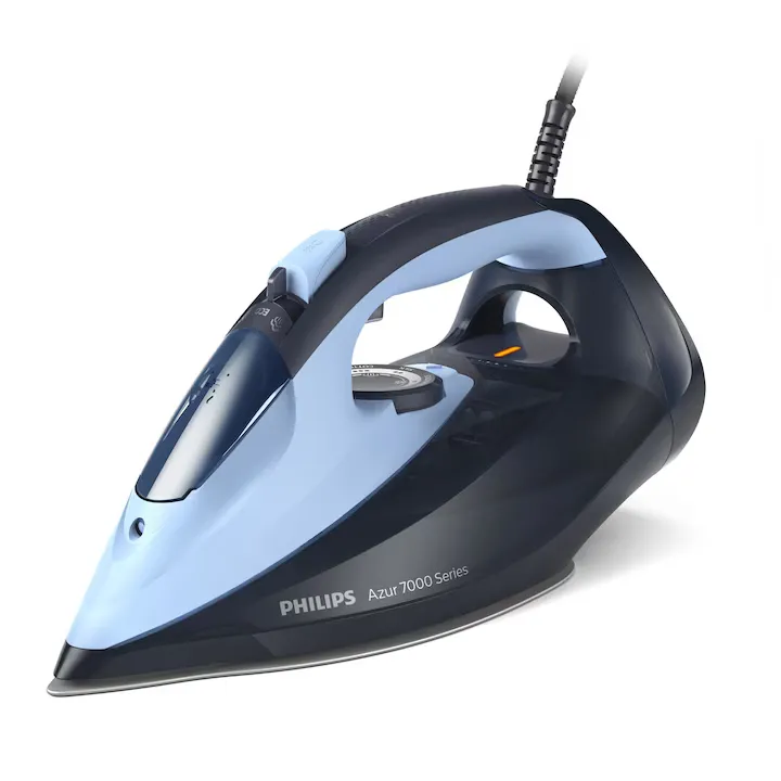 Fier de calcat Philips Azur DST7041/20, 2800W, debit de abur continuu de 50g/min si jet de abur de 250 g, talpa SteamGlide Elite, rezervor de 300ml si sistem de curatare automata cu rezervor integrat pentru calcar, oprire automata de siguranta, albastru