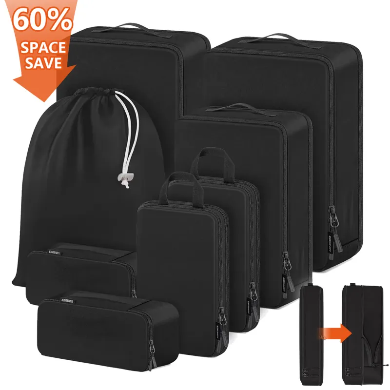 Set de 8 Huse Organizare Bagaj, BYONDSELF®, Sistem Compresie/Extensie cu Fermoar, Impermeabile, Portabil si Pliabil, pentru Vacante de Familie, Excursii, Camping, Negru