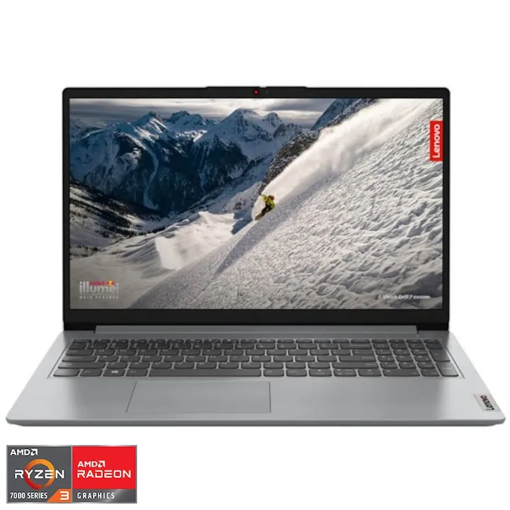 Laptop Lenovo IdeaPad 1 15AMN7 cu procesor AMD Ryzen™ 3 7320U pana la 4.1GHz, 15.6" Full HD, 8GB LPDDR5 RAM, 256GB SSD, AMD Radeon™ 610M Graphics, No OS, Cloud Grey