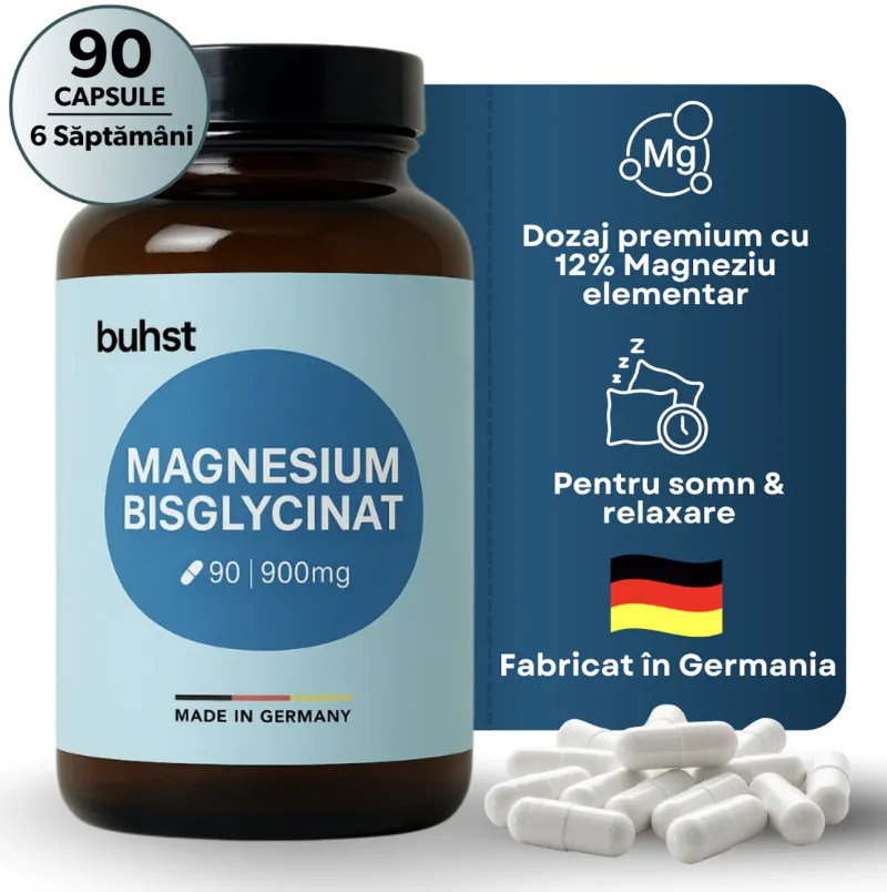 Supliment Alimentar Magneziu Bisglicinat, BUHST® Premium, Magneziu, 90 Capsule Vegane, 900mg, Magneziu Chelat Cu Absorbtie Ridicata, Fara Efect Laxativ, Supliment Natural Pentru Relaxare Musculara, Somn Odihnitor, Reducerea Stresului si Oboselii, Fara GMO