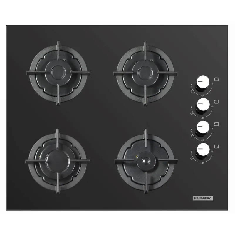 Plita incorporabila Hausberg HB-567NG, Gaz, 4 arzatoare, Sistem de siguranta GAZ, Material Sticla, Negru