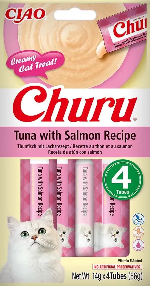 Recompense cremoase pentru pisici Inaba Churu, ton si somon, 4 x 14 g