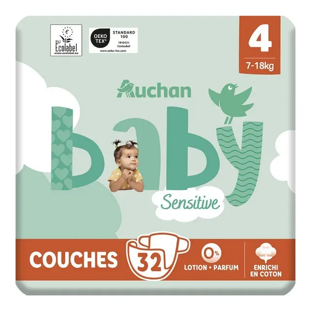 Scutece Auchan Baby Sensitive, marimea 4, 7 - 18 kg, 32 bucati