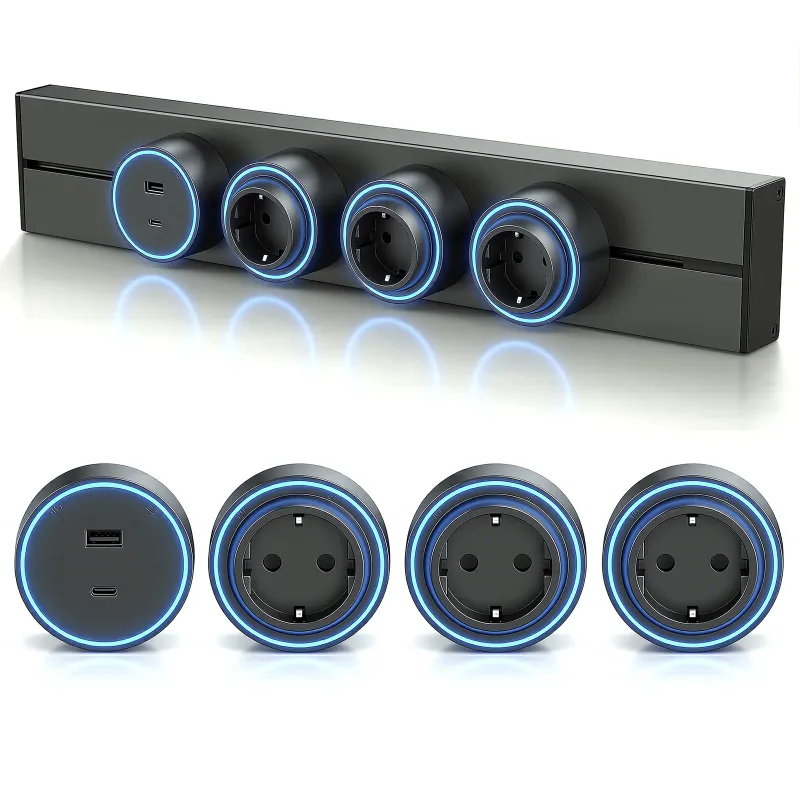 Prize cu montare pe perete，Sistem Priza Mobila pe Sina Modulara，Priza Modulara，8000W, 3 adaptoare universale mobile 13A + 1 priza USB dubla, aliaj de aluminiu, gri, 50x8.5x1.9cm
