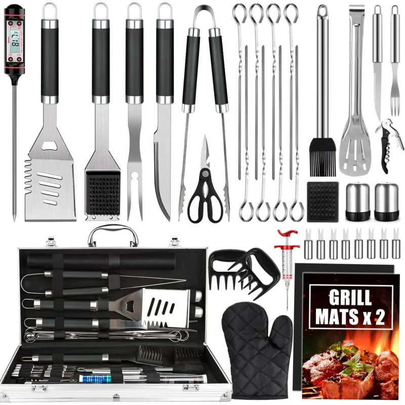 Set 38 ustensile gratar, Seabeloom, ustensile din otel Inoxidabil, Include pensula, solnite, cutite, furculite, stick frigarui, clesti, termometru, manusa gratar, cutie aluminiu