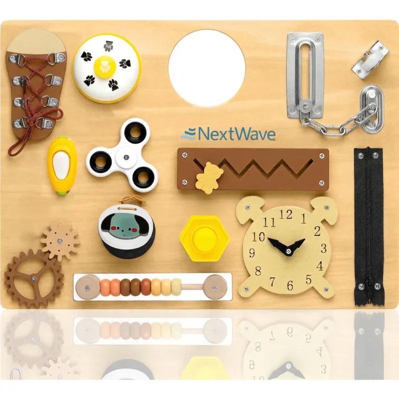 Placa educativa din lemn NextWave® tip Montessori – jucarie senzoriala cu 14 activitati interactive pentru stimularea motricitatii fine, ideala pentru calatorii, tabla potrivita pentru copii