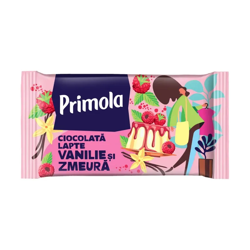 Ciocolata cu crema cu lapte, vanilie si zmeura Primola, 92.5 g