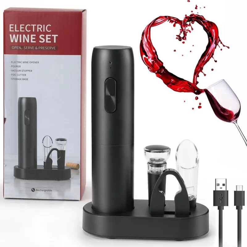 Set Tirbuson Electric pentru Vin, Luxeeo, cu Baza Reincarcabila, Accesoriu Taiat Folie, Aerator, Dop Pompa Vid, One-Touch, Automat, Negru