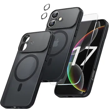 Husa pentru iPhone 17, set protectie ecran si camera sticla securizata, CASEDANCE, Magsafe - Negru