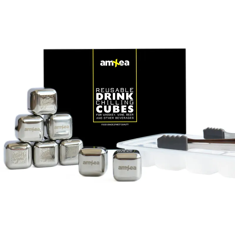 Set 8 Cuburi amXea pentru racirea bauturilor, inox, reutilizabile, cleste, cutie depozitare
