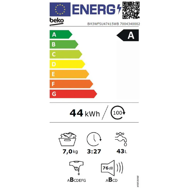 Masina de spalat rufe frontala BEKO BM3WFSU47415WB, EnergySpin, 7 kg, 1400rpm, Clasa A, alb