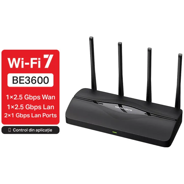 Router Wireless Mercusys MR27BE, BE3600, Dual-Band, Wi-Fi 7, MLO , 2x porturi 2.5Gbps + 2 x porturi 1Gbps, compatibil EasyMesh