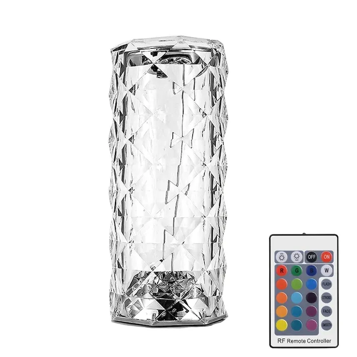 Lampa LED Ambientala cu Telecomanda pentru birou, 16 Culori Lumina, Control touch, Reincarcare prin USB, Portabila, Cristal Acrilic, 21.5 CM