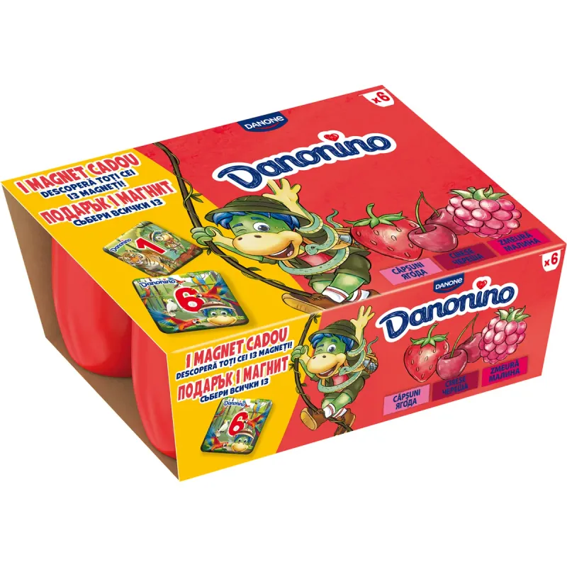 Branzica de vaci Danonino, cu piure de capsuni, cirese si zmeura, 6 x 50 g