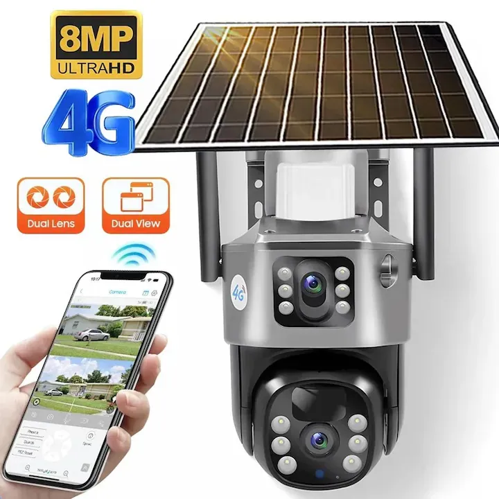 Camera Supraveghere Video Duala cu incarcare solara, Conexiune WIFI, 5MP, Night Vision, Detectie Miscare, Panou solar 8 wati, Cablu USB inclus