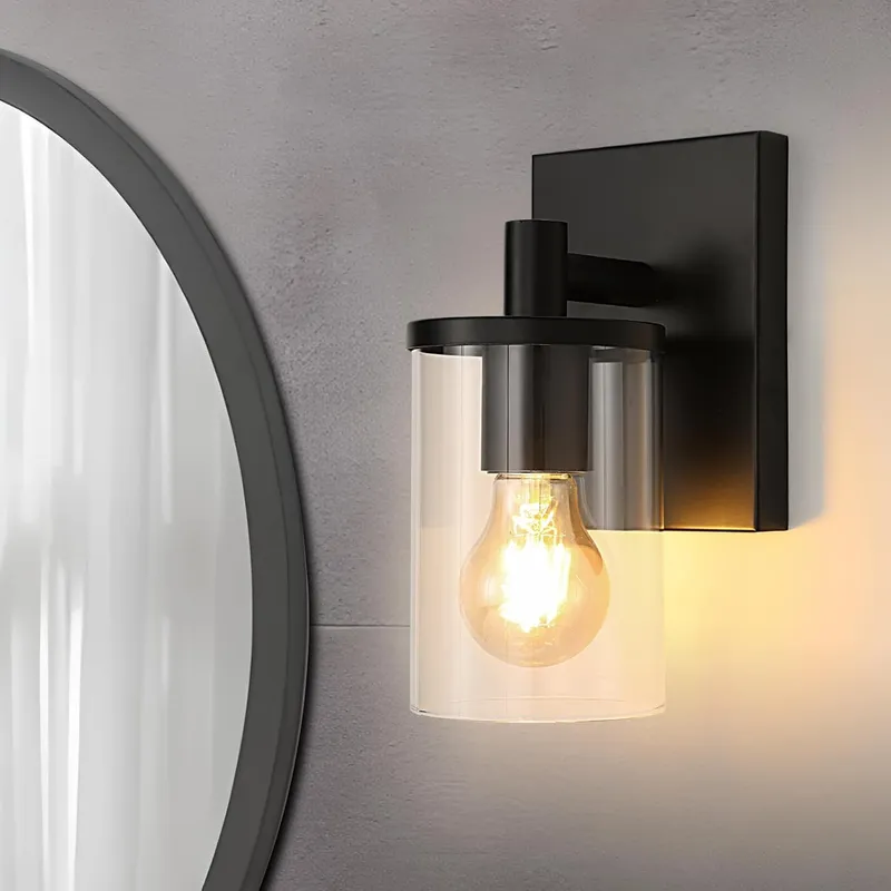 Aplica LED de perete, Goeco, design industrial, metal si sticla, negru, 23x14x12cm