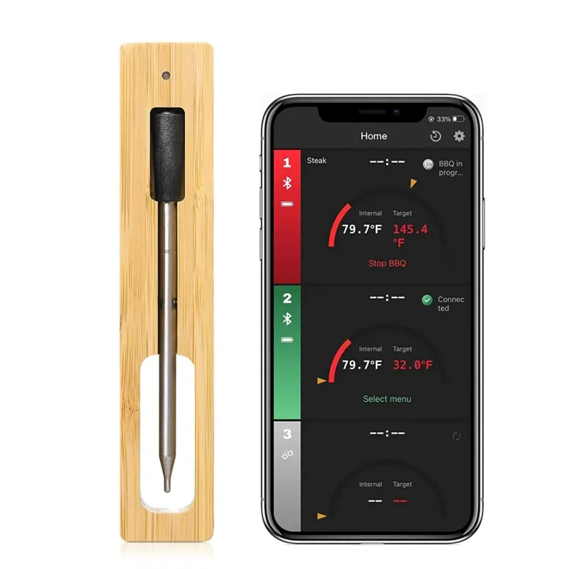 Termometru de bucatarie wireless, smart, cu monitorizare prin aplicatie dedicata pe telefon si bluetooth, pentru grill, cuptor, rotiserie, barbecue, carne
