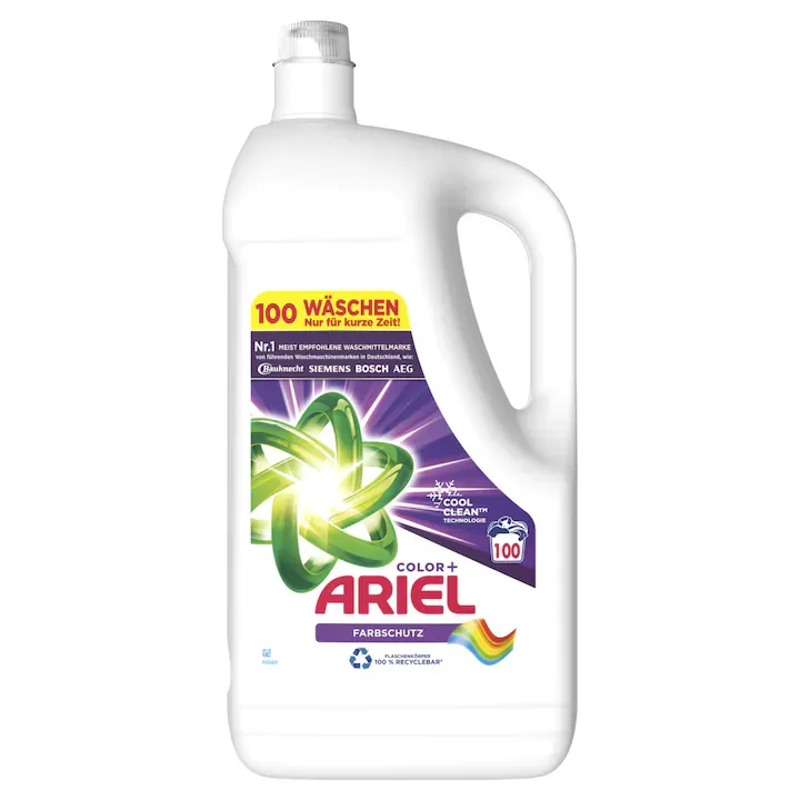 Detergent Lichid rufe colorate, Ariel Color+ Farbschutz, parfum proaspat de lunga durata, 100 spalari, 5L