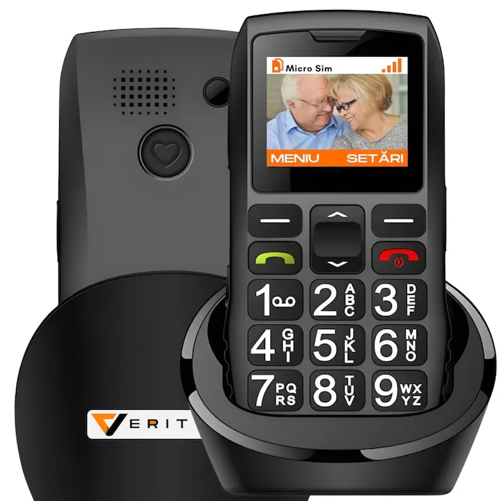 Seniori VERITY, Functie SOS pentru Siguranta, Telefon Mobil cu Taste Mari, Meniu Limba Romana, Maghiara, Radio, Difuzor Puternic, Lanterna, Telefon cu Butoane Rezistent Varstnici, Baterie 1800mAh, Autonomie Mare, Ecran 4.6cm, Carcasa Solida