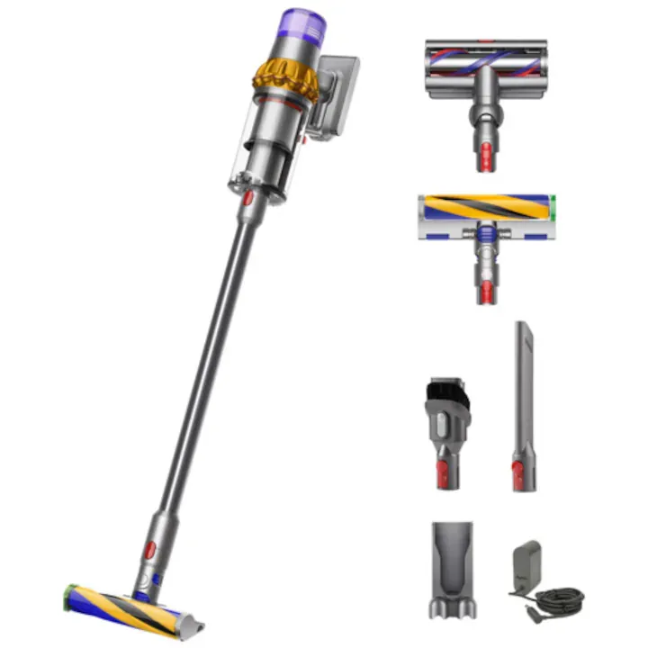 Aspirator vertical Dyson V15 Detect Absolute 2023 cu iluminare , 660 W, ecran LCD, 0.77l, autonomie 60 min, galben/nichel