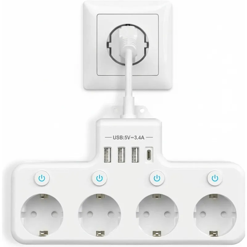 XPQKDC® Prelungitor cu Prize si Comutatoare Independente, 4000W, 4 Prize, 3 Porturi USB-A si 1 Port USB-C, Suport pentru Incarcare Rapida 18W, 4 Intrerupatoare Individuale, Alb