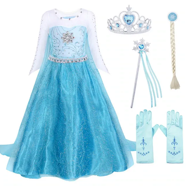 Set rochita si accesorii Elsa Frozen, AmzBarley®, 3-4 ani, 110 cm, Halloween, Cosplay, Craciun, Carnaval, Paste, Ziua Copilului, Ziua Indragostitilor, Albastru