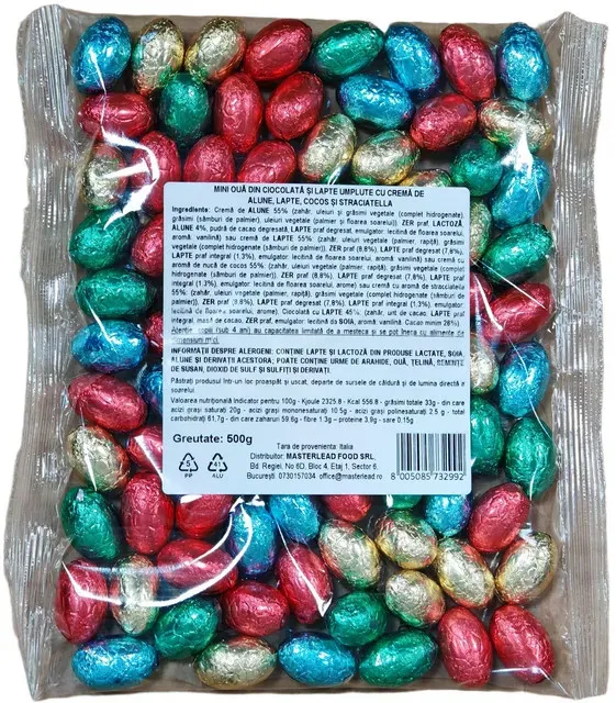 Mini oua din ciocolata si lapte umplute cu crema de alune, lapte, cocos si straciatella Crispo, 500 g