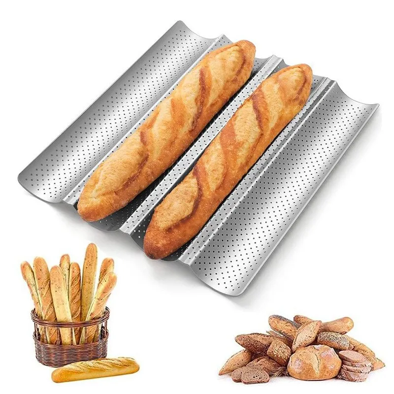 Tava Bagheta Multifunctionala, 4 Forme, din Otel Carbon cu Acoperire Antiaderenta, pentru Paine, Baghete si Croissanturi in Cuptor, argintiu