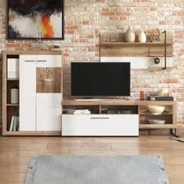 Biblioteca living Caen, cu lumini, stejar flagstaff + alb, 263 cm, 4C