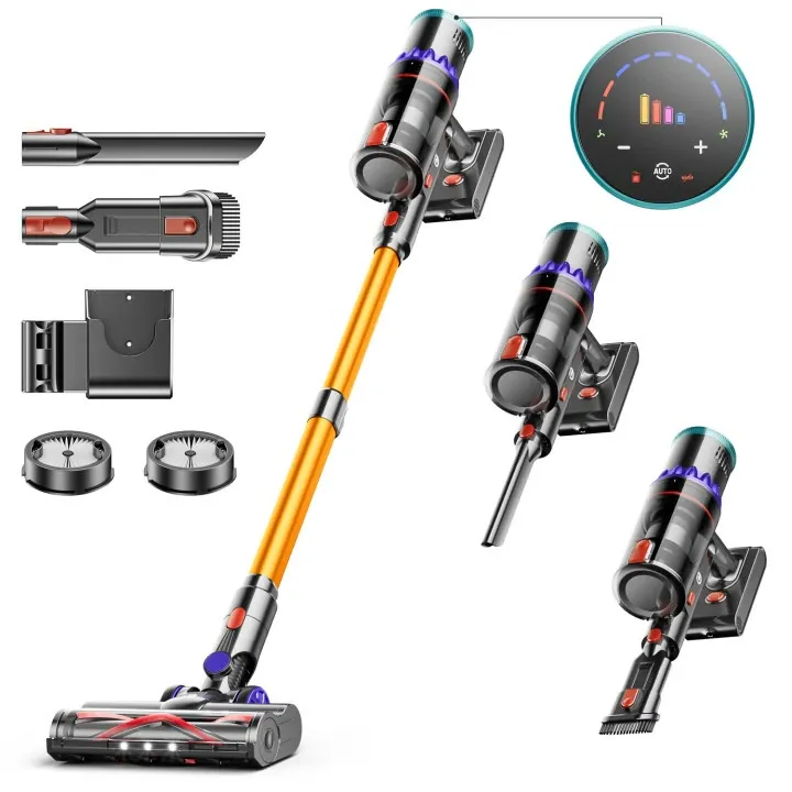 Aspirator Vertical Fara Fir CHEBIO V18, Hompany, 450W, 35kpa, Acumulator Li 29.6V, 60 Minute Autonomie, Recipient Praf 1.5 L, Filtru HEPA, Functie Boost, Tub Extensibil, Ecran Tactil LED Inteligent, cu Iluminare, Auriu/Negru