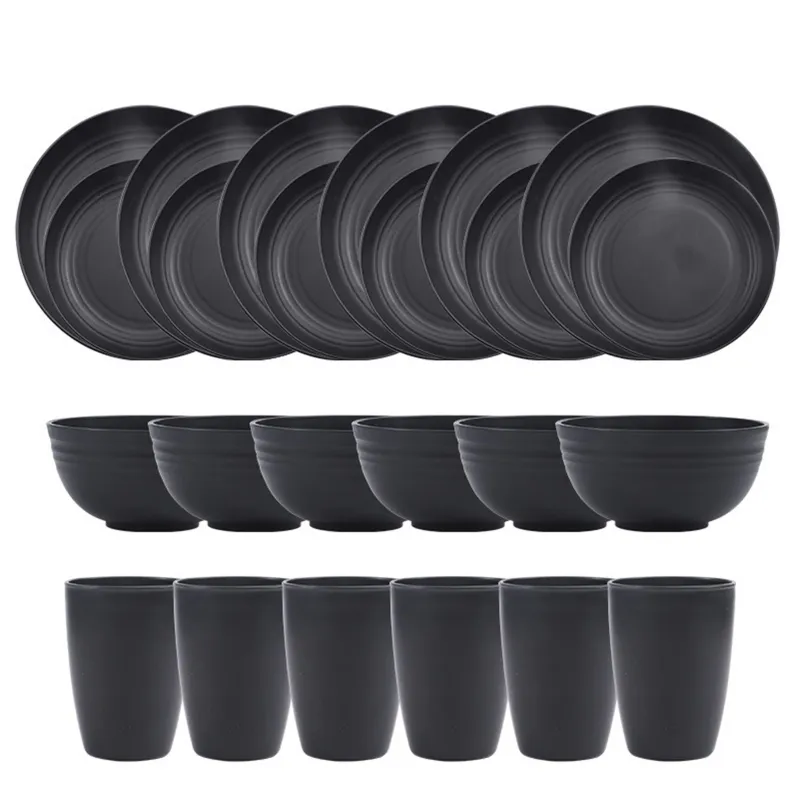 Set 24 serviciu de masa, Axroad Mall, 6 portii, Incasabil, Stivuibile, Economie de spatiu, Sigur pentru frigider si masina de spalat vase, Ideal pentru camping, caravane, picnicuri, bucatarii, Negru, PP