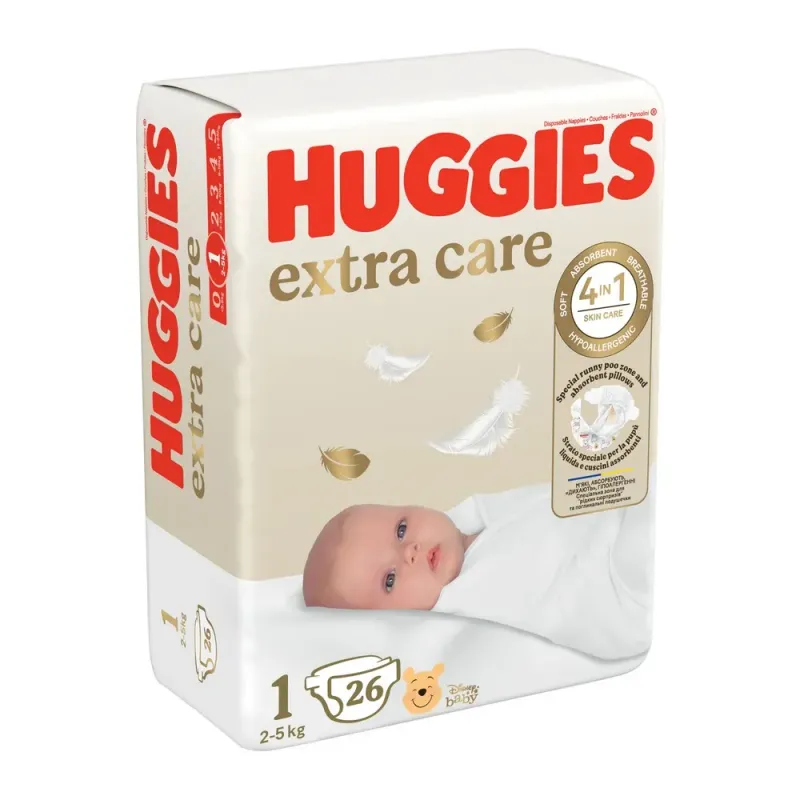 Scutece Huggies Extra Care, marimea 1, 2 - 5 kg, 26 bucati