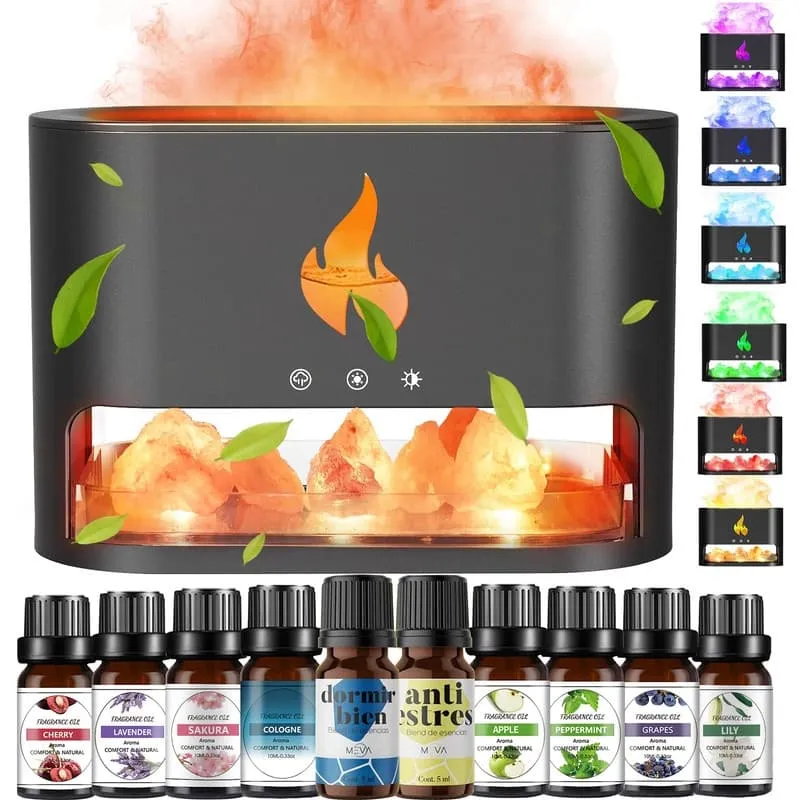 Difuzor de Aroma AYCYKD, Difuzor de Uleiuri Esentiale 3 in 1, lampa din sare himalayana, umidificator, 250ml, 7 culori, functie de temporizare, negru, set cu 10 uleiuri esentiale