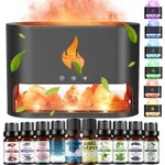 Difuzor de Aroma AYCYKD, Difuzor de Uleiuri Esentiale 3 in 1, lampa din sare himalayana, umidificator, 250ml, 7 culori, functie de temporizare, negru, set cu 10 uleiuri esentiale