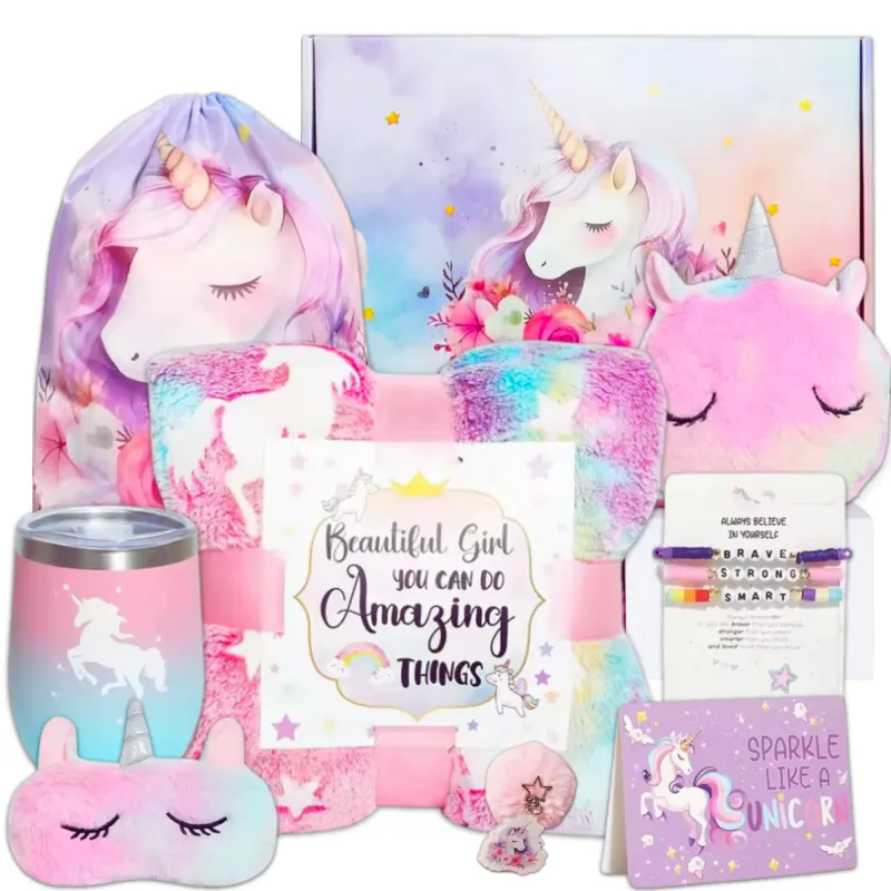 Set cadou fetite, 10 piese, Cadonique®, Patura fosforescenta unicorn, Cana termos, Geanta de umar, Masca dormit, Saculet tip rucsac, 3 bratari pentru copii, Breloc, Felicitare, Cutie draguta, Cadouri pentru fete de 4, 5, 6, 7, 8 ani de, Roz/mov