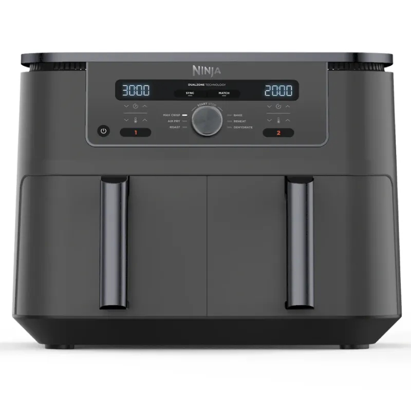 Friteuza cu aer cald Ninja Airfryer Foodi Pro DualZone DZ400EU, 2470W, 9.5L, 6 functii de gatit, 2 cosuri de 4.75L, functie Max Crisp, functie deshidratare, panou digital, temperatura maxima 240 grade, cosuri si placi cu invelis ceramic, gri