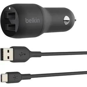 Incarcator auto BELKIN CCE001bt1MBK, 2xUSB-A 24W, Cablu USB-C, negru