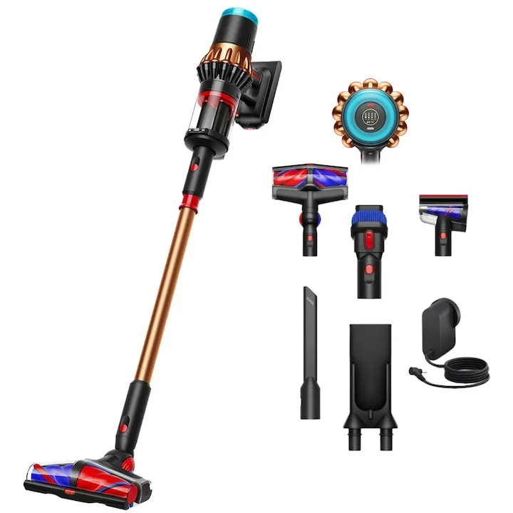 Aspirator vertical fara fir Dyson V16 Piston Animal™ 492963-01, 900W, putere aspirare 315AW, autonomie pana la 70 minute, filtru HEPA, luminare LED, perii anti-incurcare, 2 accesorii, matte black/copper