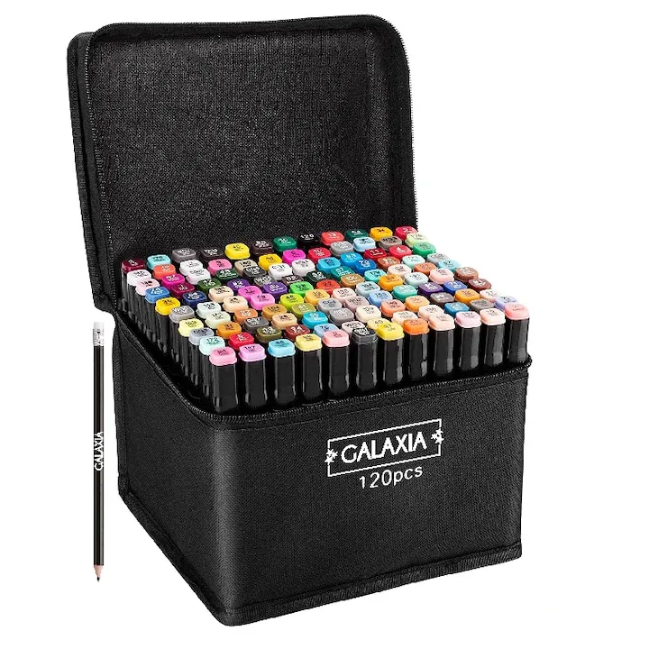 Set 120 markere duble GALAXIA®, Carioci profesionale, Cu cerneala pe baza de alcool, Multicolore