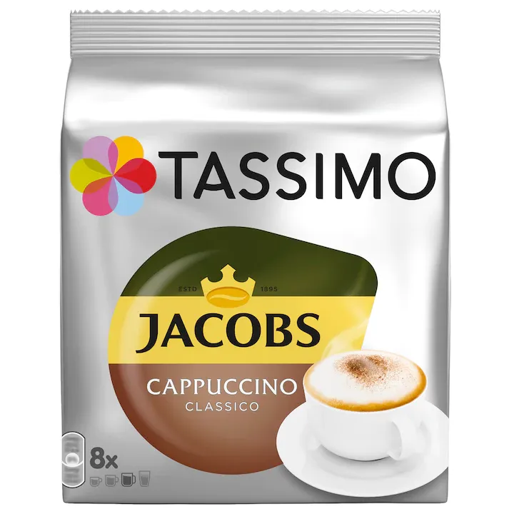 Cafea capsule, Jacobs Tassimo Cappuccino, 8 buc x 190 ml, 8 capsule specialitate cafea + 8 capsule lapte, 260 g