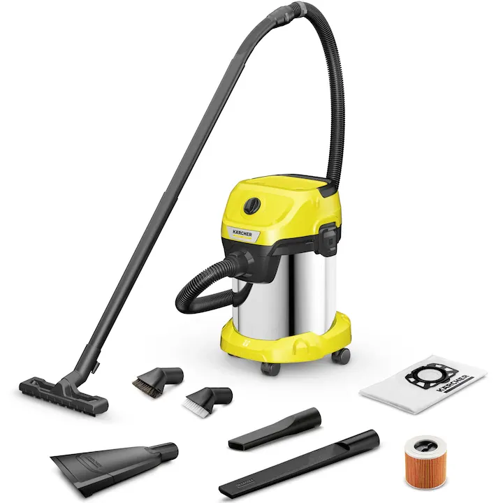 Aspirator umed-uscat Karcher WD 3 S V-17/6/20 Car, 1000 W, recipient din otel inoxidabil de 17 l, furtun 2 m, functie de suflare, filtru cartus, sac de filtrare, duze speciale pentru autoturism, 1.628-149.0, galben/negru