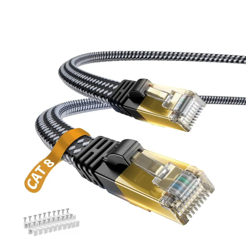 Cablu Internet LAN, Cablu de Retea Ethernet Cat 8, Conector RJ45, 40 Gbps, 2000 Mhz, Format Plat, Nailon, Rezistenta la rupere, 5m, Negru